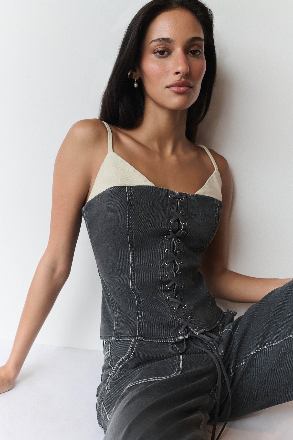Hellen Denim Corset Top - Dark Grey