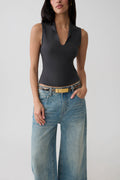 Myrtle Ribbed Sleeveless Lapel Top - Dark Charcoal
