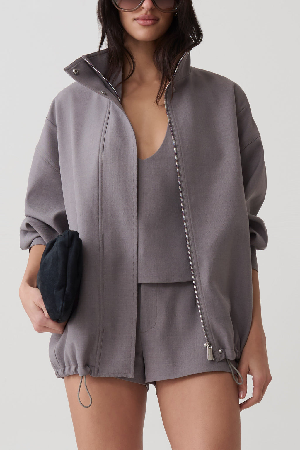 Jennie Funnel Neck Bomber Jacket - Light Grey Marle