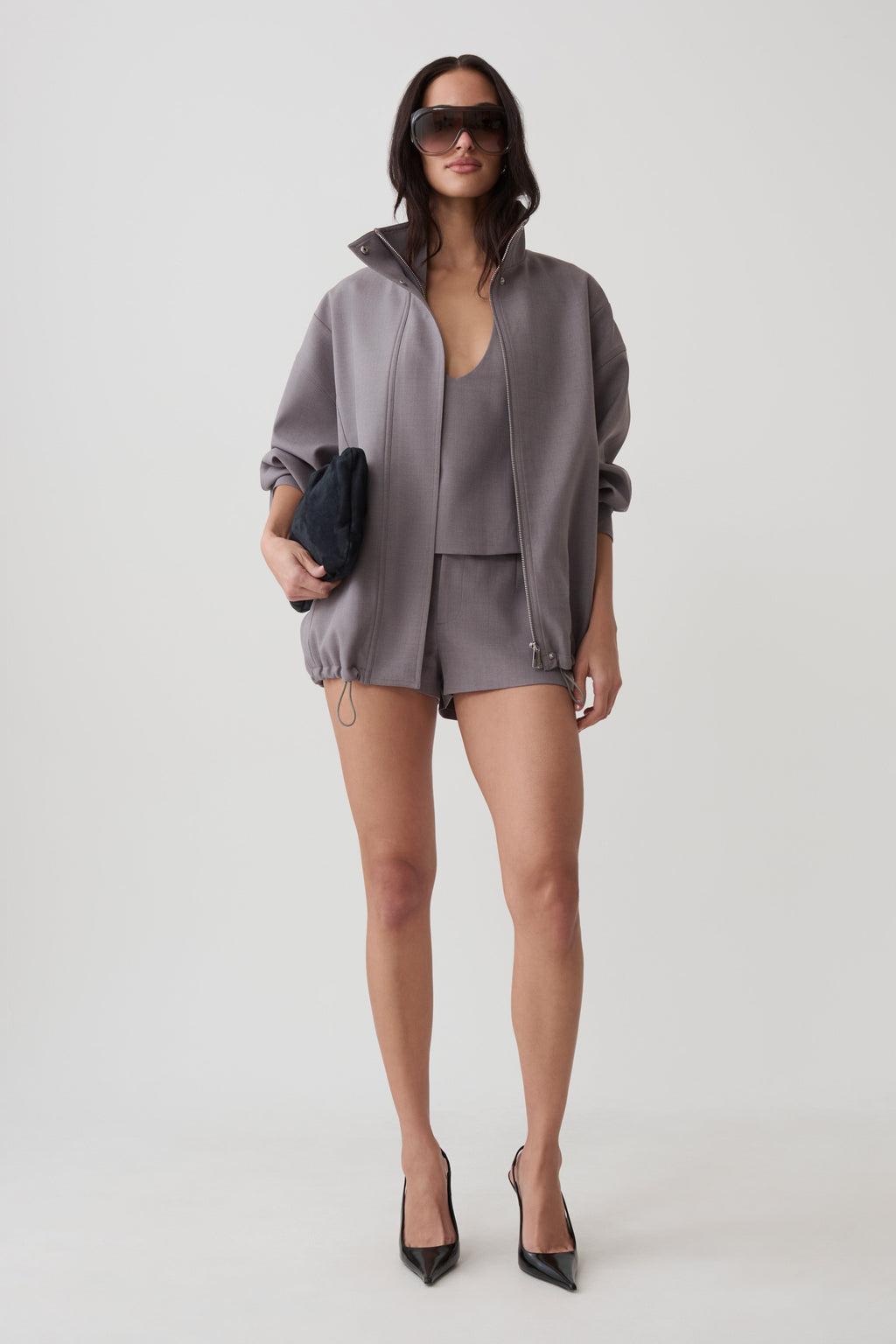 Jennie Funnel Neck Bomber Jacket - Light Grey Marle