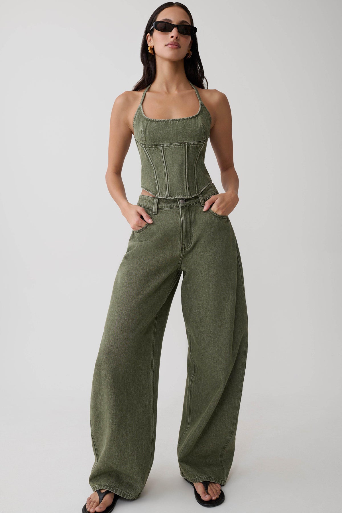 Stephanie Corset Denim Top - Washed Khaki