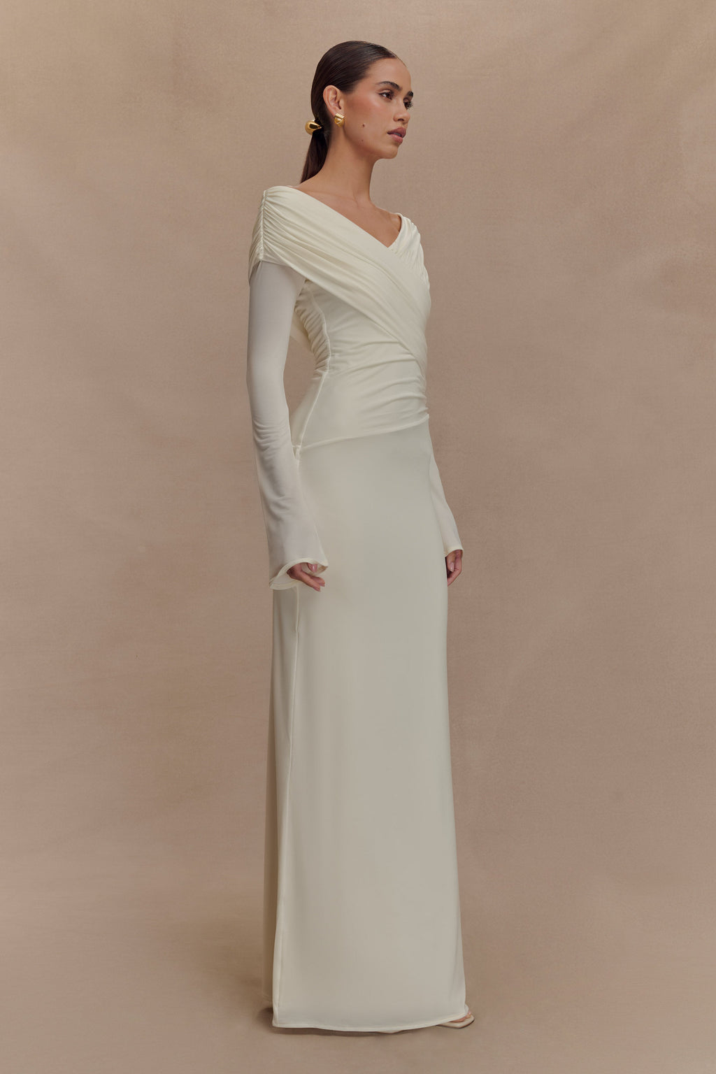 Therese Off Shoulder Ruched Maxi Dress - Ivory
