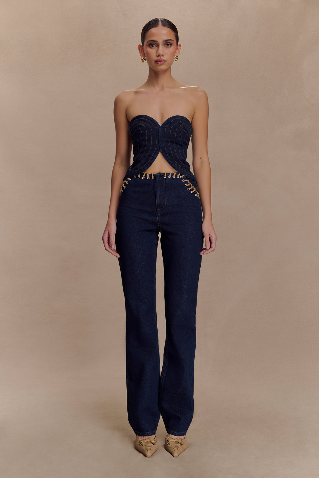 Tully Strapless Topstitch Denim Top - Indigo Blue