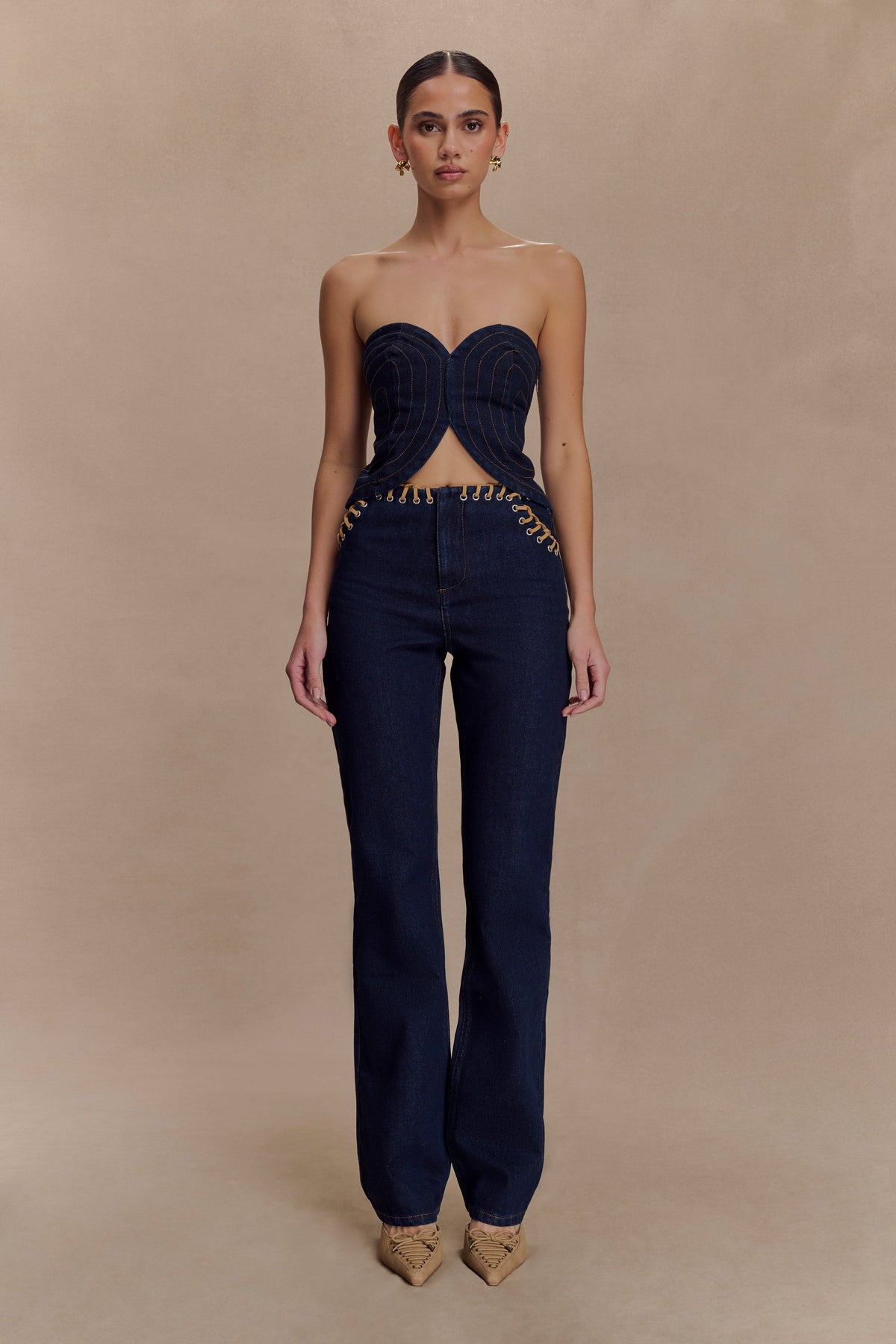 Tully Strapless Topstitch Denim Top - Indigo Blue